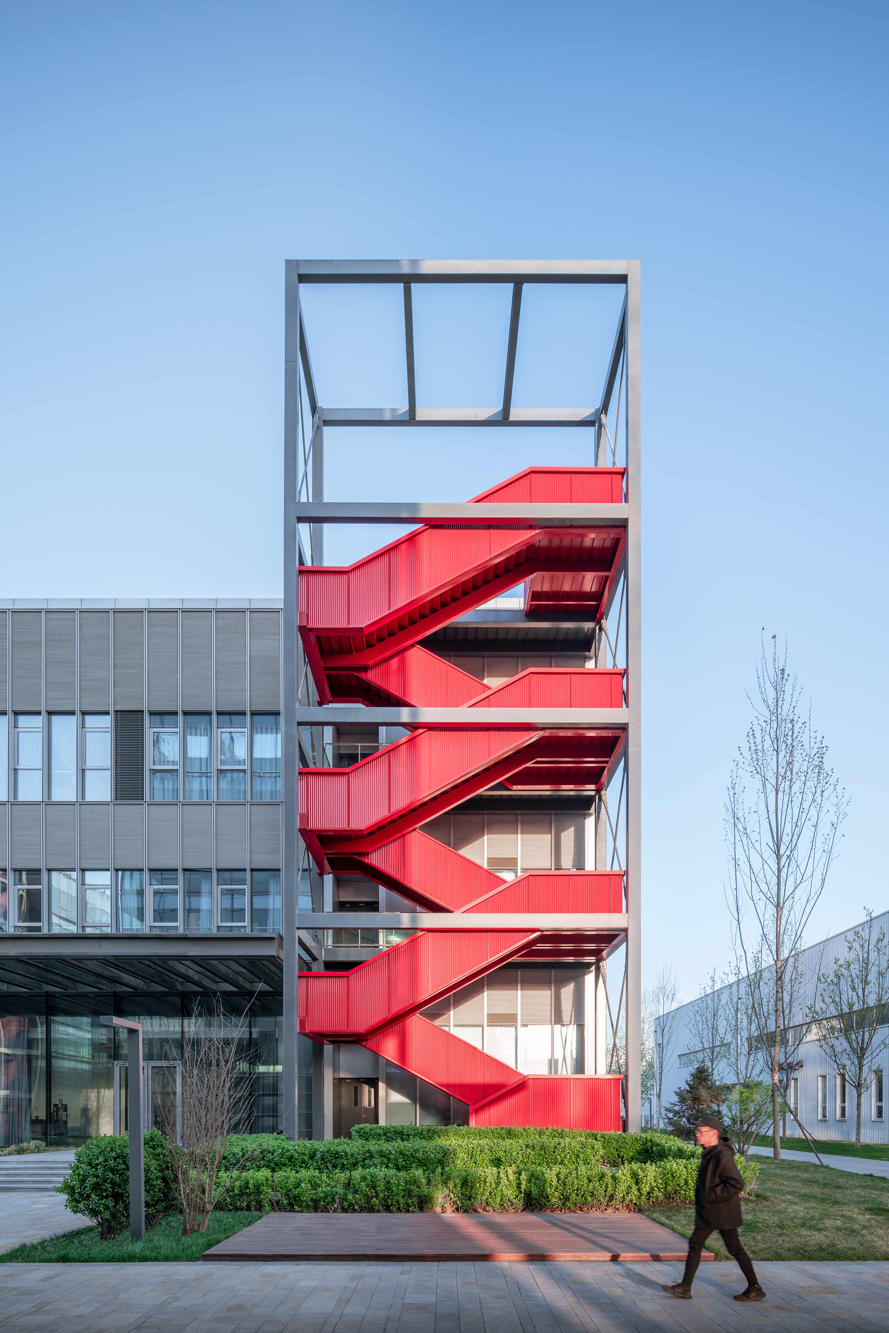 In the northeast corner of the laboratory there is also a glowing red exterior staircase