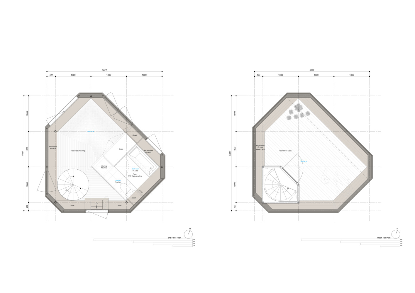 3rd & rooftop  floor plan Bay Window Tower House, Source by Takaaki Fuji + Yuko Fuji Architecture