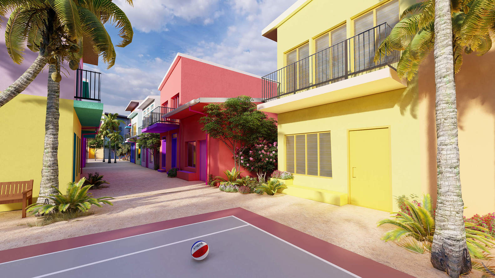 (2-story house with bright colors. Photo by Waterstudio/Dutch docklands Maldives) 