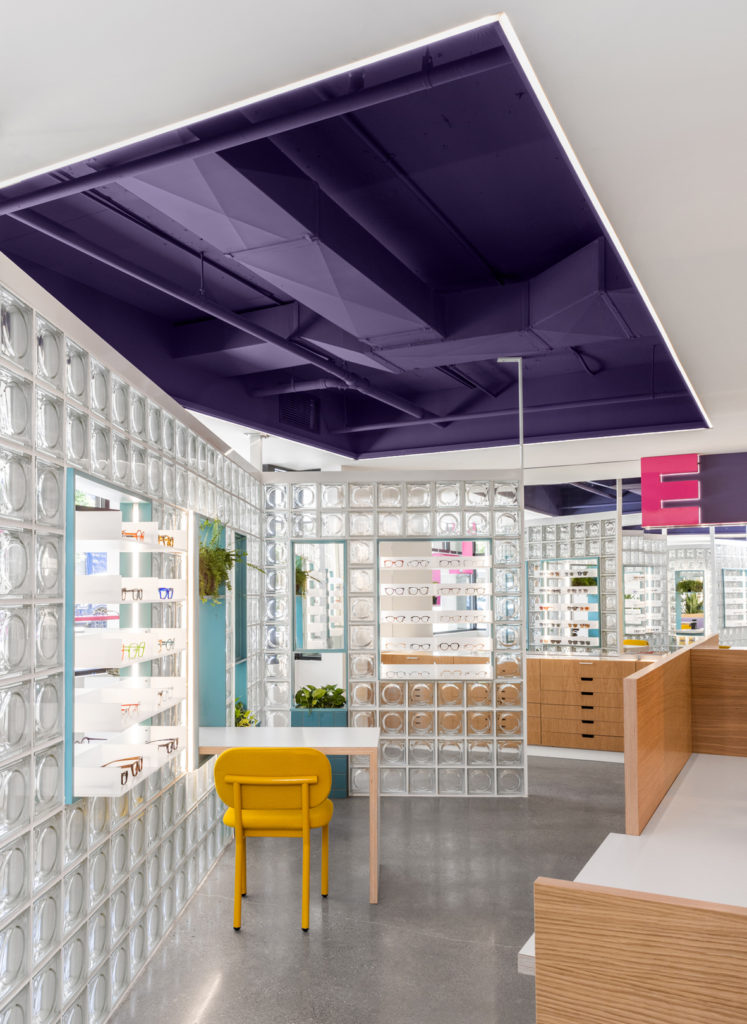 Glass blocks in this store divide the space and serve as product displays
