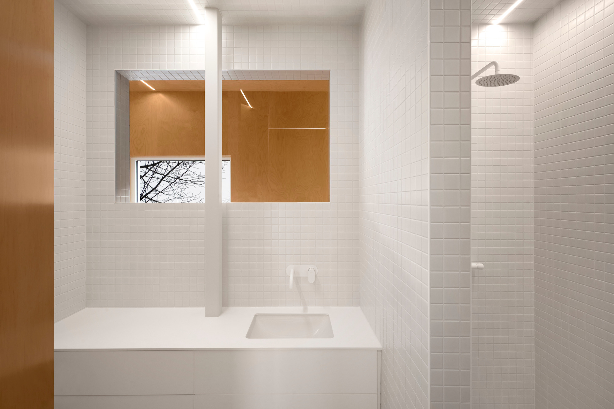 the white bathroom that contrasting with the color of the plywood