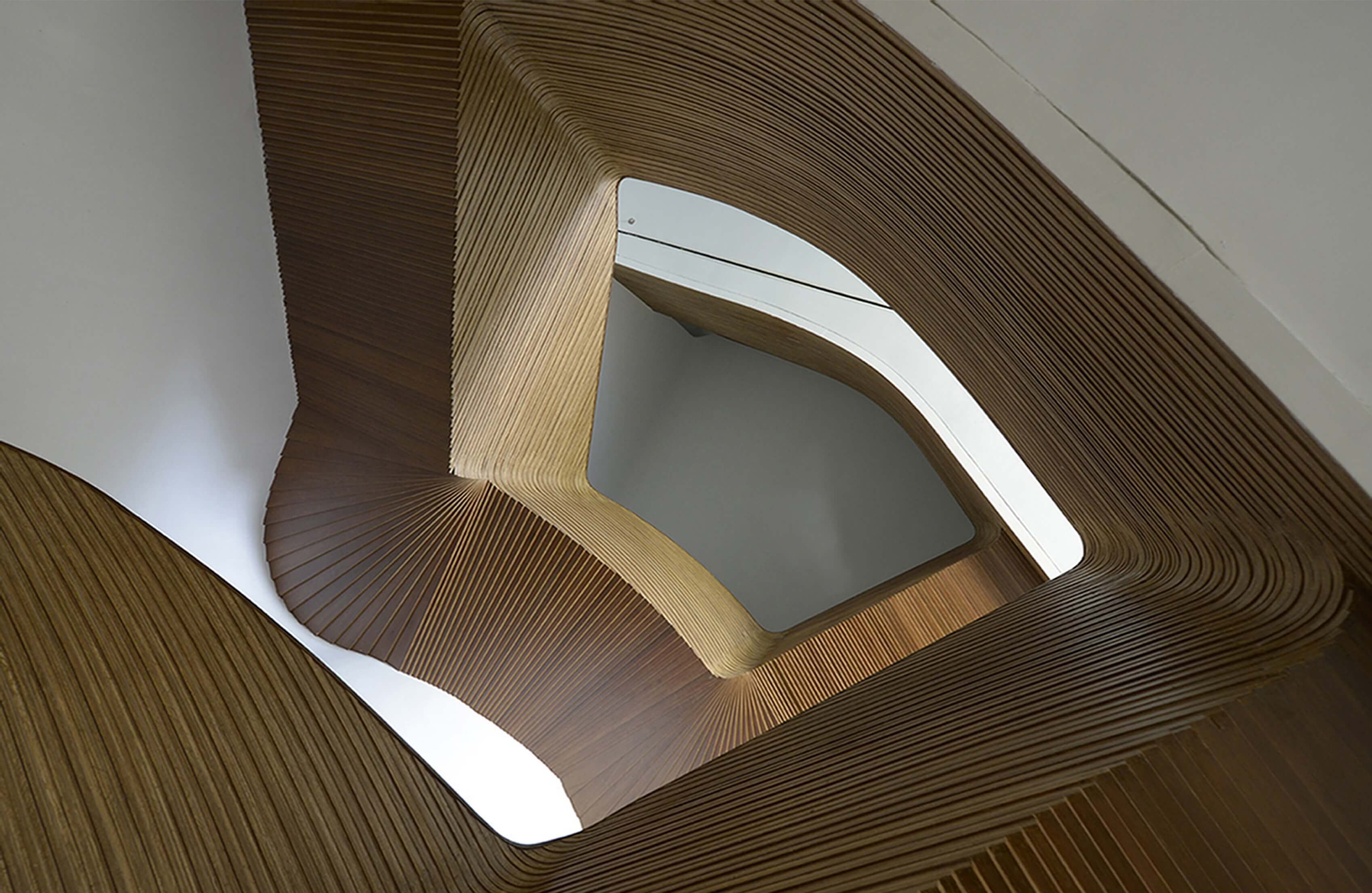 The spiraling stairway through the arts spaces