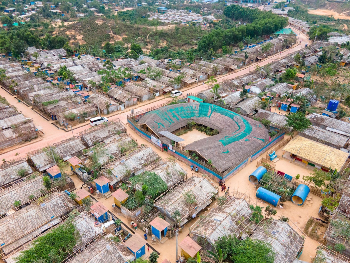 Aerial view of the Shantikhana Women Friendly Space in Camp 4ext. The construction started before the design was finalised, allowing the local Rohingya workers to express their artisanal skills and artistic freedom