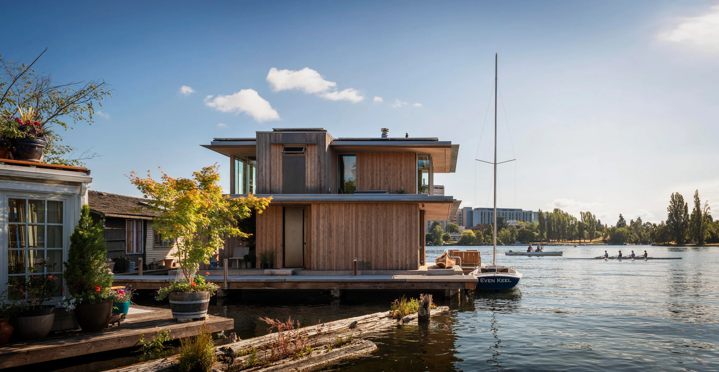 this building is a cabin floating above Portage Bay in Seattle